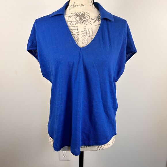 New York & Company Tops - NY&Co Blue Collared Dolman Sleeve Top Women Medium V Neck Cotton Blouse